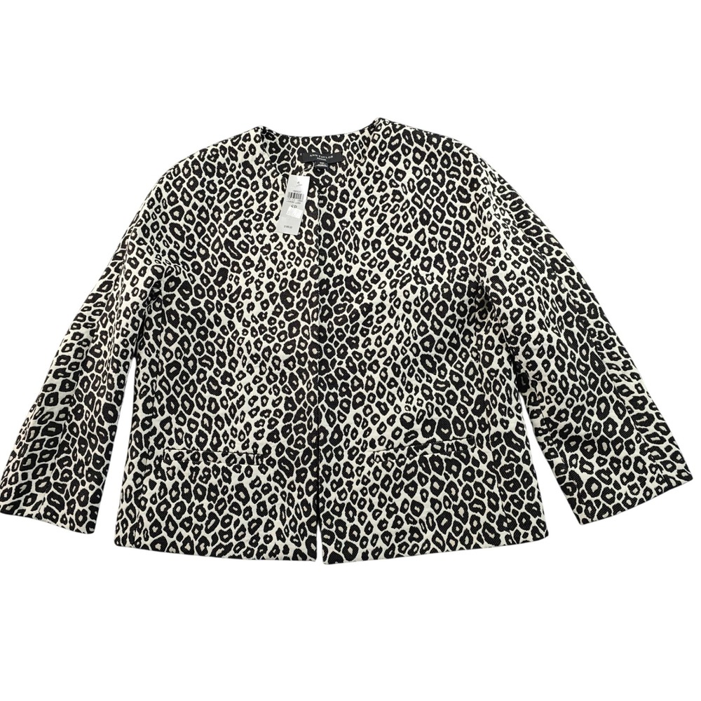 Ann Taylor Blazer Jacket Women's Petite S White Black Leopard Print Open Front